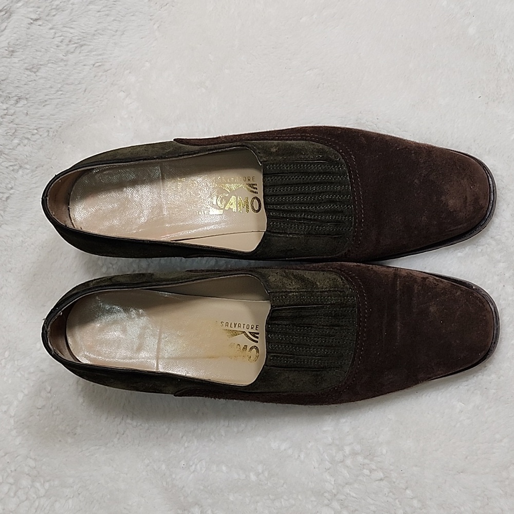 SalvatoreFerragamo Albia Vintage Chocolate Brown Green Suede Heel Loafers Sz8.5 - Picture 6 of 16